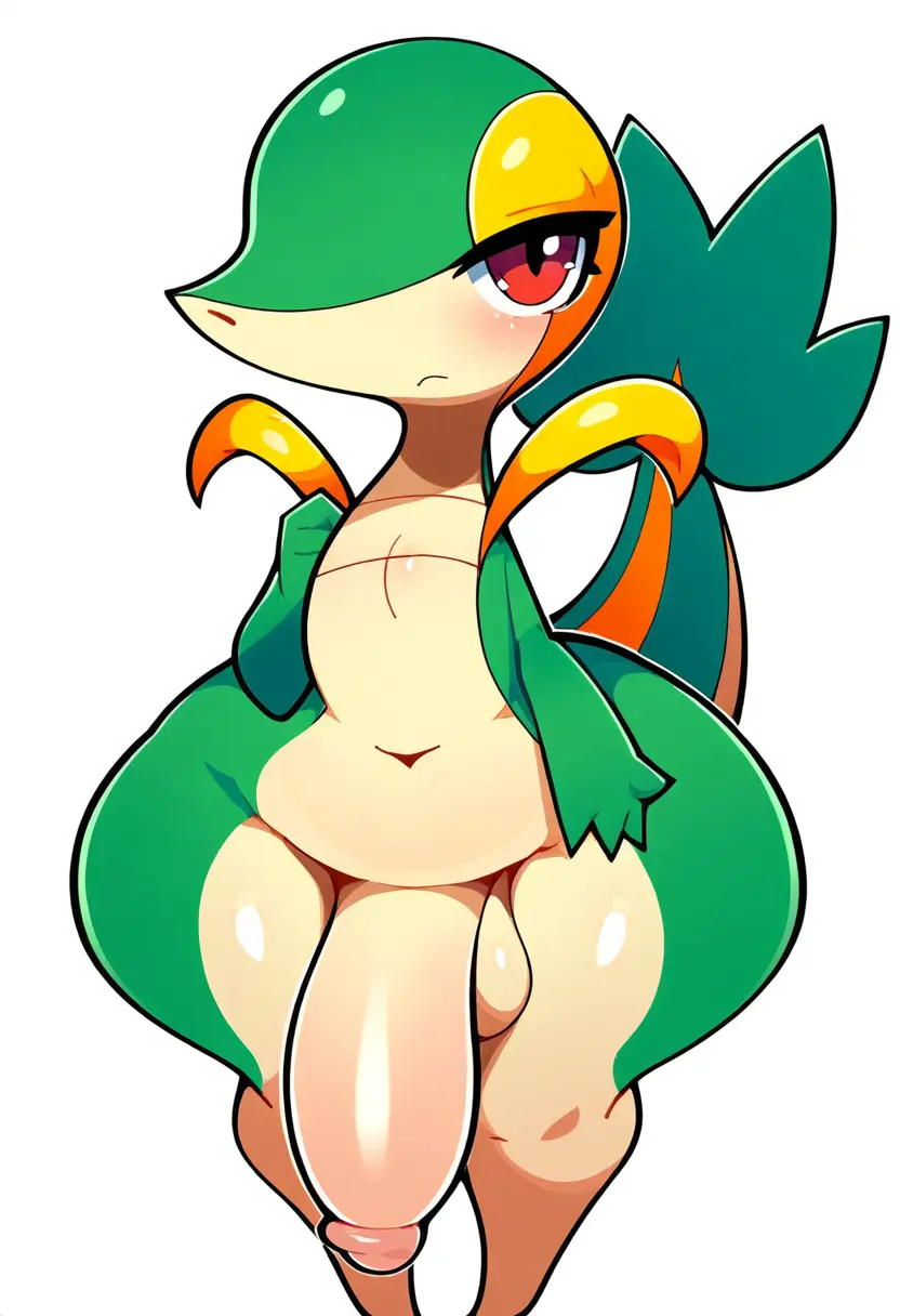 Image red_eyes,solo,male,penis,pokemon,pokemon_(species),wide_hips,ai_generated,femboy,balls,anthro,dick,slightly_chubby,generation_5_pokemon,hips_wider_than_shoulders,snivy,hellsonger