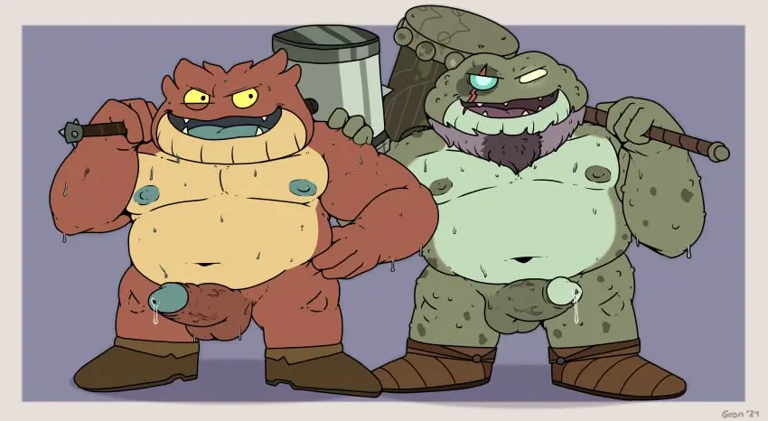 Image clothing,hi_res,male,nude,penis,sweat,disney,duo,erection,male/male,anthro,veiny_penis,absurd_res,genital_fluids,bodily_fluids,footwear,genitals,precum,sweaty_body,vein,beard,shoes,mostly_nude,facial_hair,amphibian,frog,tools,footwear_only,shoes_only,amphibia_(series),hammer,captain_grime,toad_(frog),bog_(amphibia),grondraws