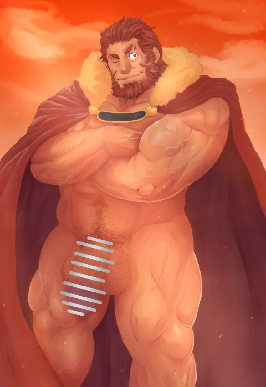 Image highres,red_eyes,solo,1boy,male,nude,penis,short_hair,red_hair,muscular,muscular_male,male_only,yaoi,balls,one_eye_closed,testicles,censored,bara,flaccid,cape,bar_censor,large_penis,large_balls,large_testicles,male_focus,old_male,crossed_arms,pectorals,fate_(series),beard,facial_hair,full_beard,large_pectorals,mature_male,old,genta_iwayama,thick_beard,thick_navel_hair,iskandar_(fate),ball_hair,fate/zero,naked_cape