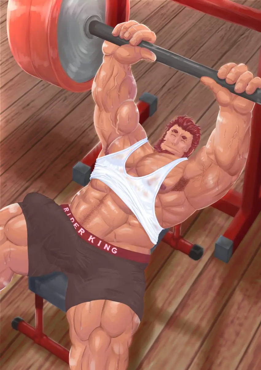Image highres,red_eyes,smile,solo,1boy,male,short_hair,sweat,lying,on_back,red_hair,underwear,thick_thighs,thighs,erection,veins,dark-skinned_male,dark_skin,muscular,muscular_male,armpits,male_only,yaoi,from_above,closed_eyes,bara,bulge,erection_under_clothes,see-through,clothes_lift,shirt_lift,male_focus,boner,tank_top,pectorals,fate_(series),beard,facial_hair,full_beard,large_pectorals,armpit_hair,boxers,mature_male,very_sweaty,barbell,veiny_arms,genta_iwayama,thick_beard,thick_navel_hair,male_underwear,weightlifting,white_tank_top,iskandar_(fate),sweaty_clothes,^_^,black_male_underwear,bench_press,fate/zero,exercising