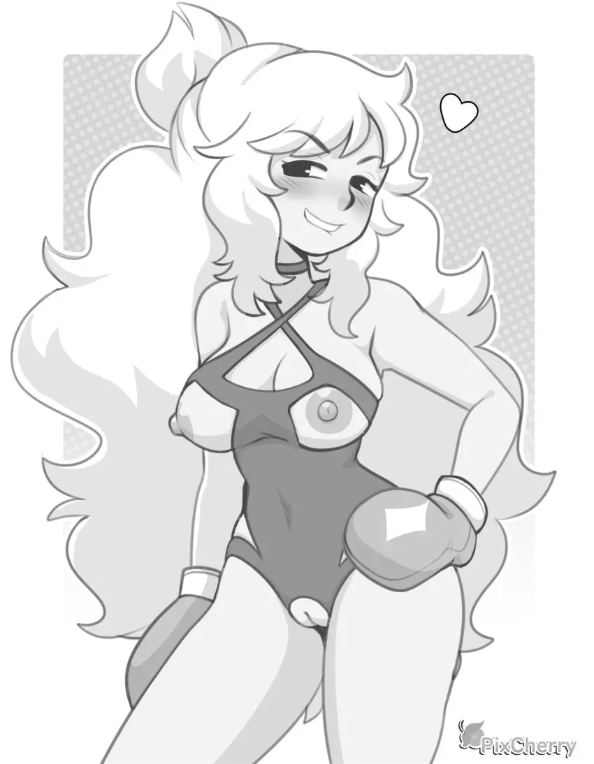 Image blush,breasts,clothed,clothing,female,female_only,looking_at_viewer,white_background,gloves,pussy,boobs,bedroom_eyes,female_focus,biting_lip,cleavage,smug,heart,grey_background,horny_female,functionally_nude,functionally_nude_female,boxing_gloves,cherrypix,polka_dot_background,bee_and_puppycat,toast_(bee_and_puppycat)
