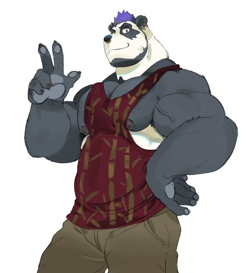 Image looking_at_viewer,pants,male,furry,muscular,gay,nipples_visible_through_clothing,bear,big_muscles,fully_clothed,tank_top,beard,muscles,dyed_hair,panda,giant_panda,pierced_nose,pierced_ears,dylan_(saltypoundcake),saltypoundcake,spookeedoo,nipples_exposed