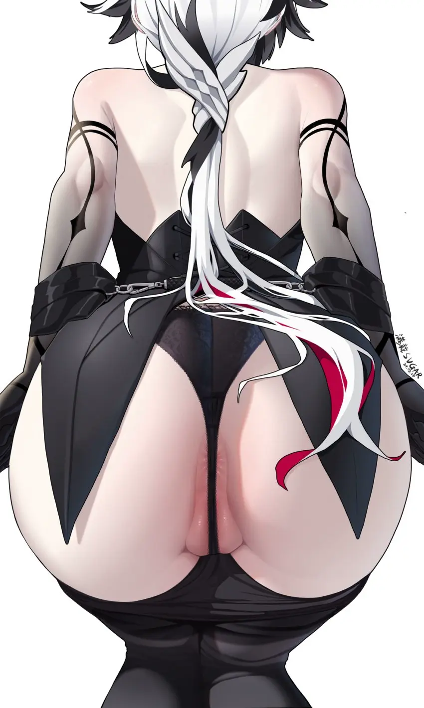 Image female,highres,pants,solo,white_hair,black_hair,red_hair,panties,underwear,ass,huge_ass,thighs,multicolored_hair,from_behind,anus,genshin_impact,black_panties,black_skin,commentary_request,official_alternate_costume,streaked_hair,ass_focus,thong,colored_skin,low_ponytail,anus_peek,arlecchino_(genshin_impact),black_hands,backless_outfit,adapted_costume,partially_visible_vulva,manzai_sugar,colored_extremities,gradient_skin,clawed_hands