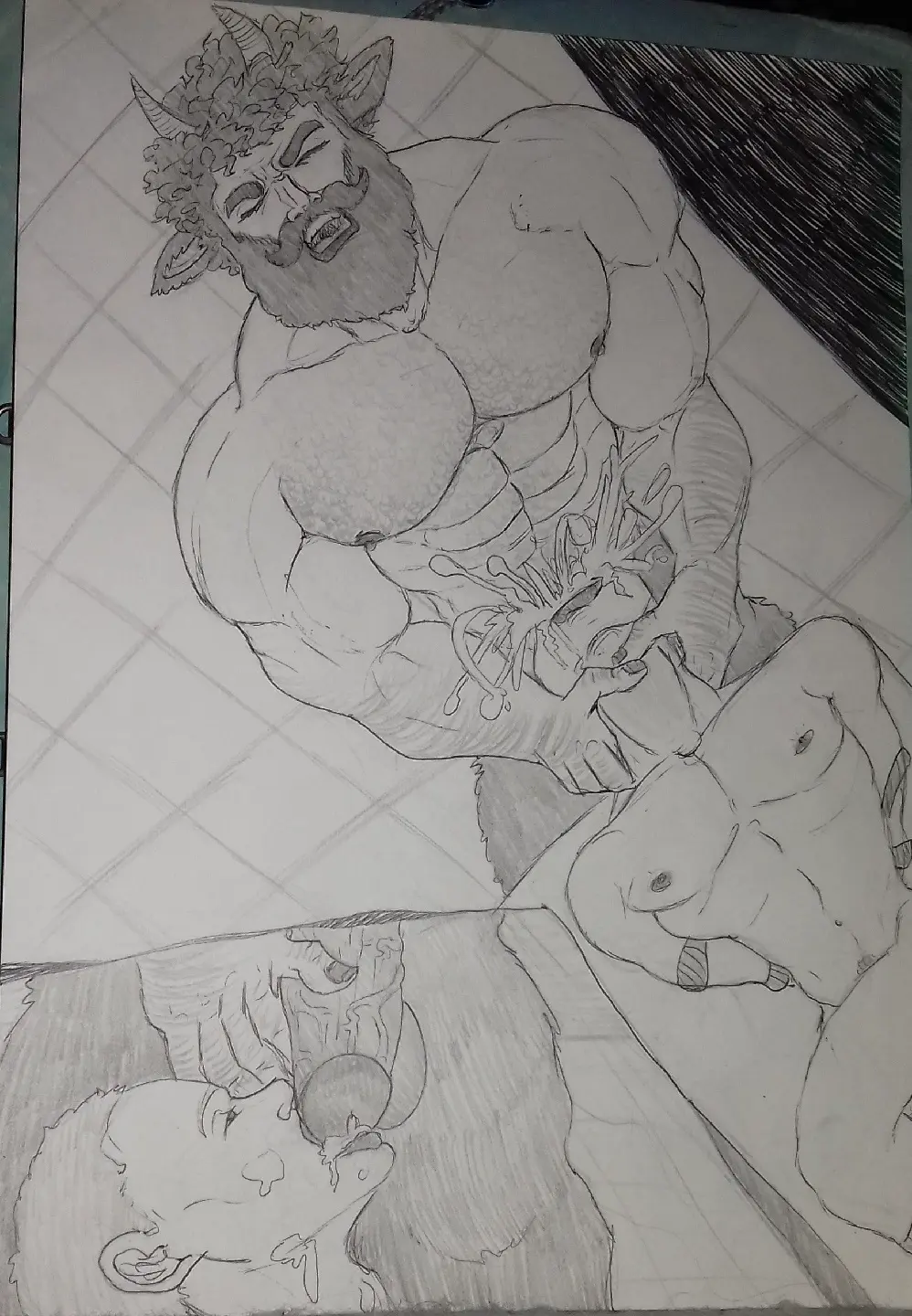 Image human, cum, cum_in_mouth, licking_penis, male, oral, penis, big_penis, curly_hair, muscular, muscular_male, horns, rough_sex, veiny_penis, gay, gay_sex, blowjob, deepthroat, oral_sex, dominant_male, thick_penis, excessive_cum, throat_bulge, throat_fuck, sketch, cum_explosion, beard, muscles, facial_hair, hairy, hairy_male, goat_horns, pencil_(artwork), traditional_media_(artwork), hairy_chest, masculine_male, face_fucking, viewed_from_above, traditional_art, bound_arms, faun, intense_orgasm, goat_ears, hunk, traditional_media, satyr, intense_sex, licking_tip, screaming_in_pleasure, bearded, george_(character), cleaning_cock