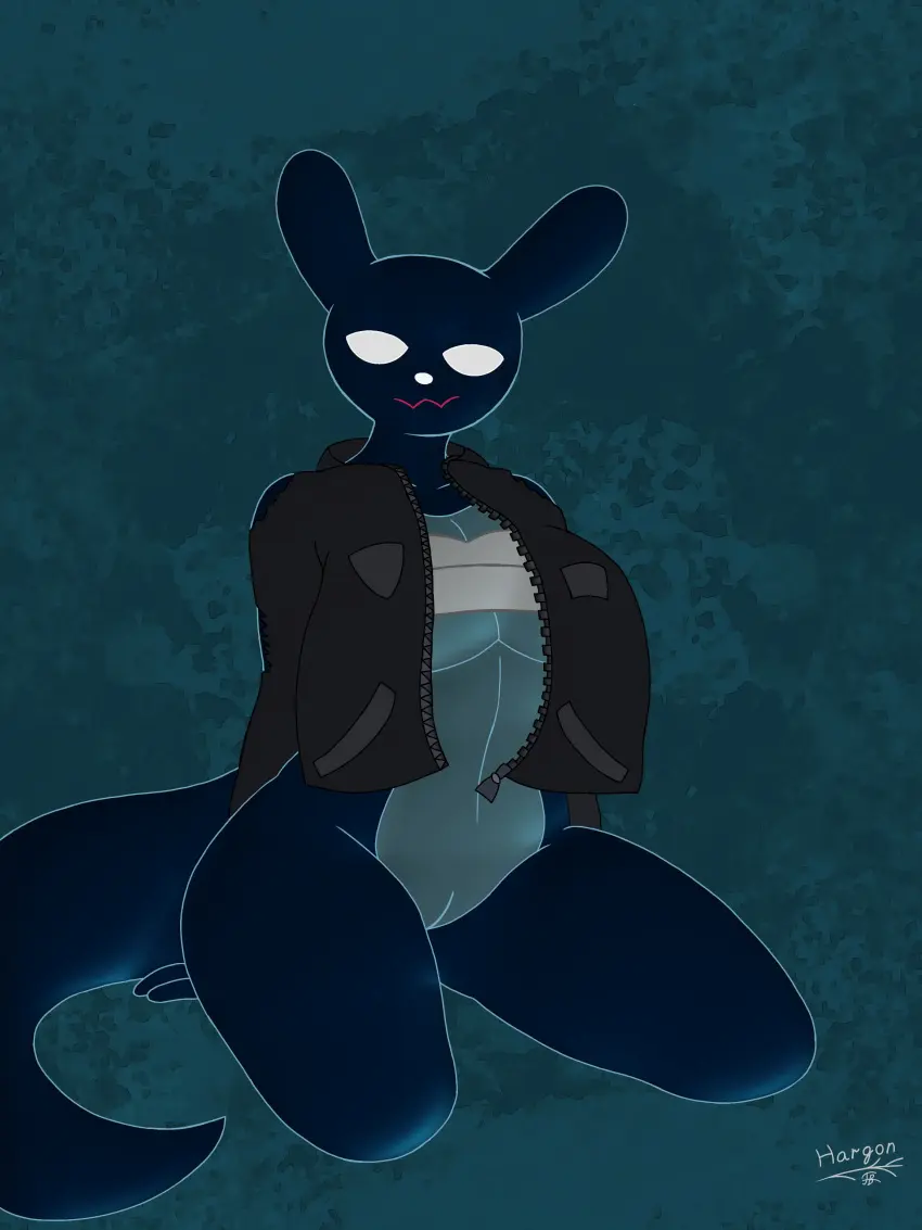 Image big_breasts,breasts,clothed,clothing,female,hi_res,looking_at_viewer,simple_background,smile,nude,tail,thick_thighs,thighs,anthro,text,spread_legs,spreading,sitting,absurd_res,genitals,jacket,2024,blue_body,bandage,topwear,white_eyes,rain_world,slugcat,videocult,inv_(rain_world),nexthargon