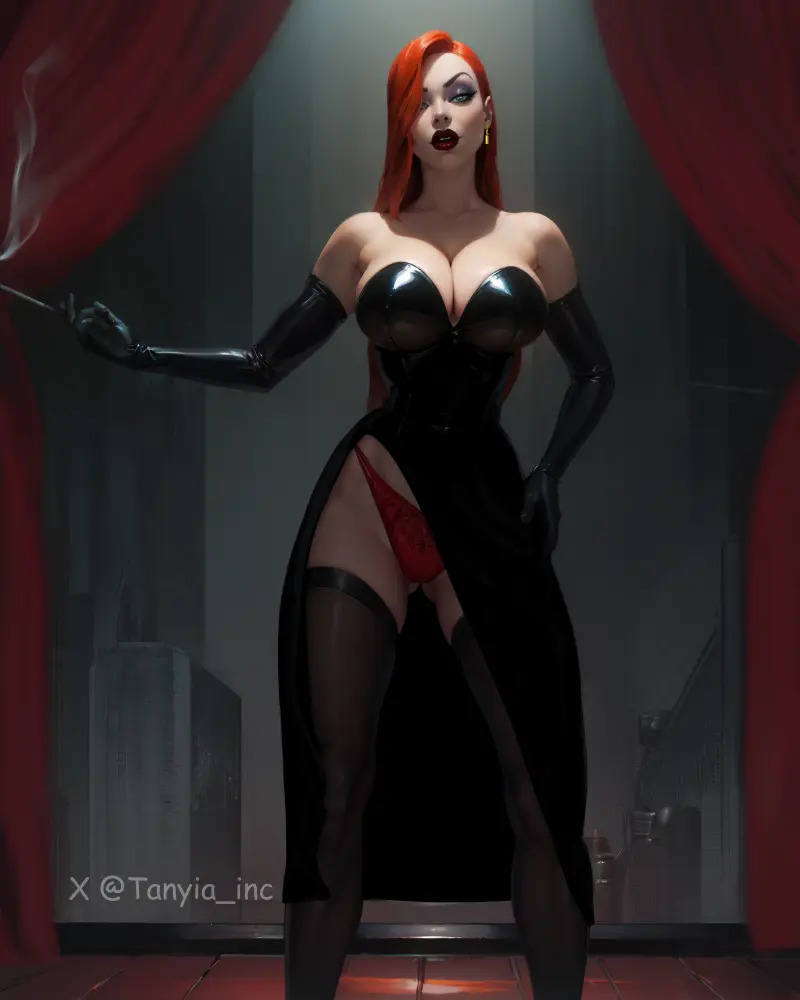 Image big_breasts,breasts,female,red_hair,disney,ai_generated,tagme,green_eyes,stable_diffusion,black_dress,dominant_female,tagme_(artist),smoking,jessica_rabbit,who_framed_roger_rabbit,globes