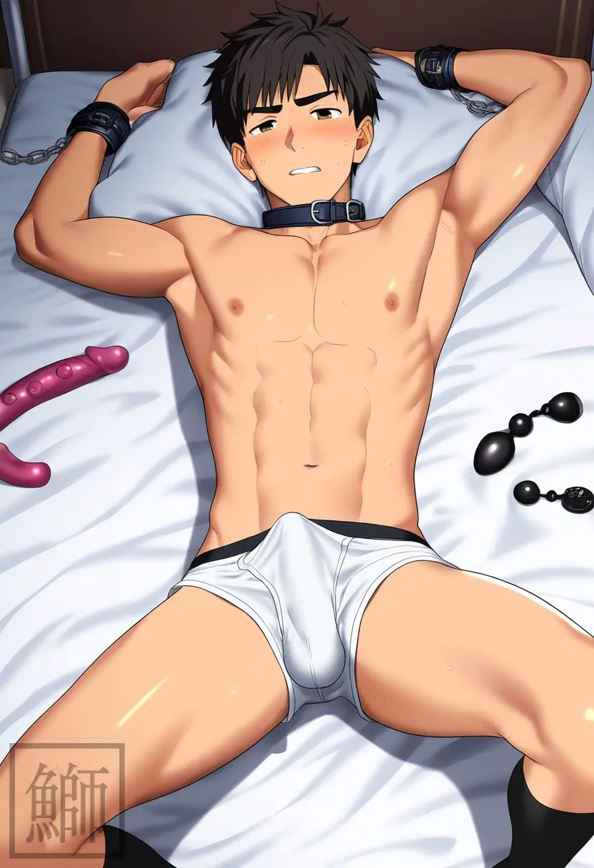 Image nipples, 1boy, male, sweat, erection, muscular, muscular_male, ai_generated, tagme, socks, pecs, dildo, bondage, rape, sweating, solo_male, abs, chains, nervous, blushing, anal_beads, shackles, boxer_briefs, resisting, in_bed, male_rape_victim, erection_under_underwear, sex_toys, about_to_be_raped, arm_restraints, preperation, raped_male