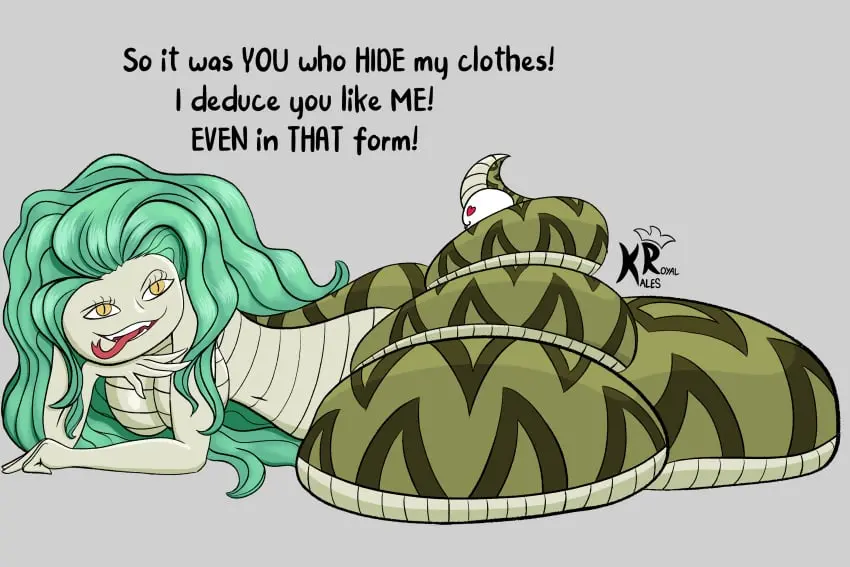 Image big_breasts,breasts,female,male,duo,one_piece,anthro,text,green_skin,animal_humanoid,green_hair,non-mammal_breasts,green_body,femdom,reptile_humanoid,heart_eyes,draconcopode,snake,coiling,snake_girl,snake_humanoid,happy_face,anaconda,boa_sandersonia,kalesroyal,snitties