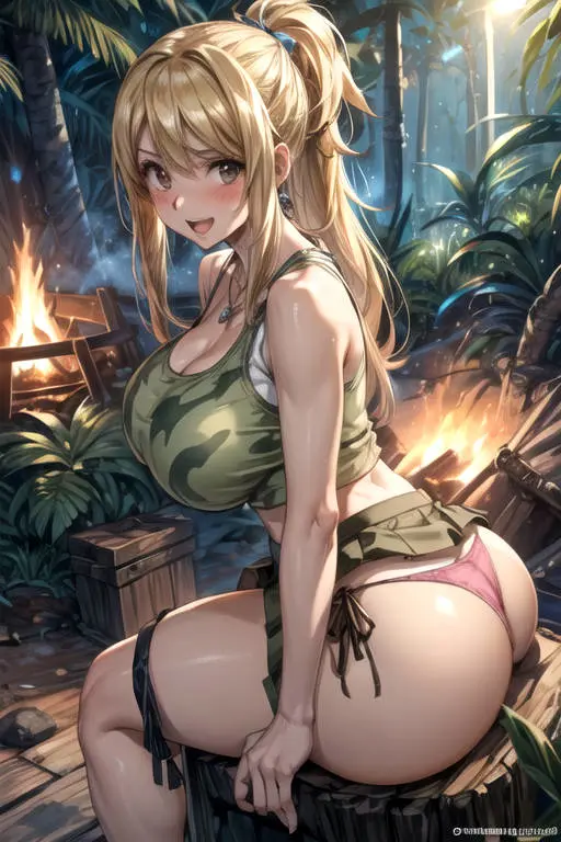 Image big_breasts, breasts, female, big_ass, ai_generated, solo_female, blonde_female, teasing_viewer, jungle, fairy_tail, camo_print, lucy_heartfilia