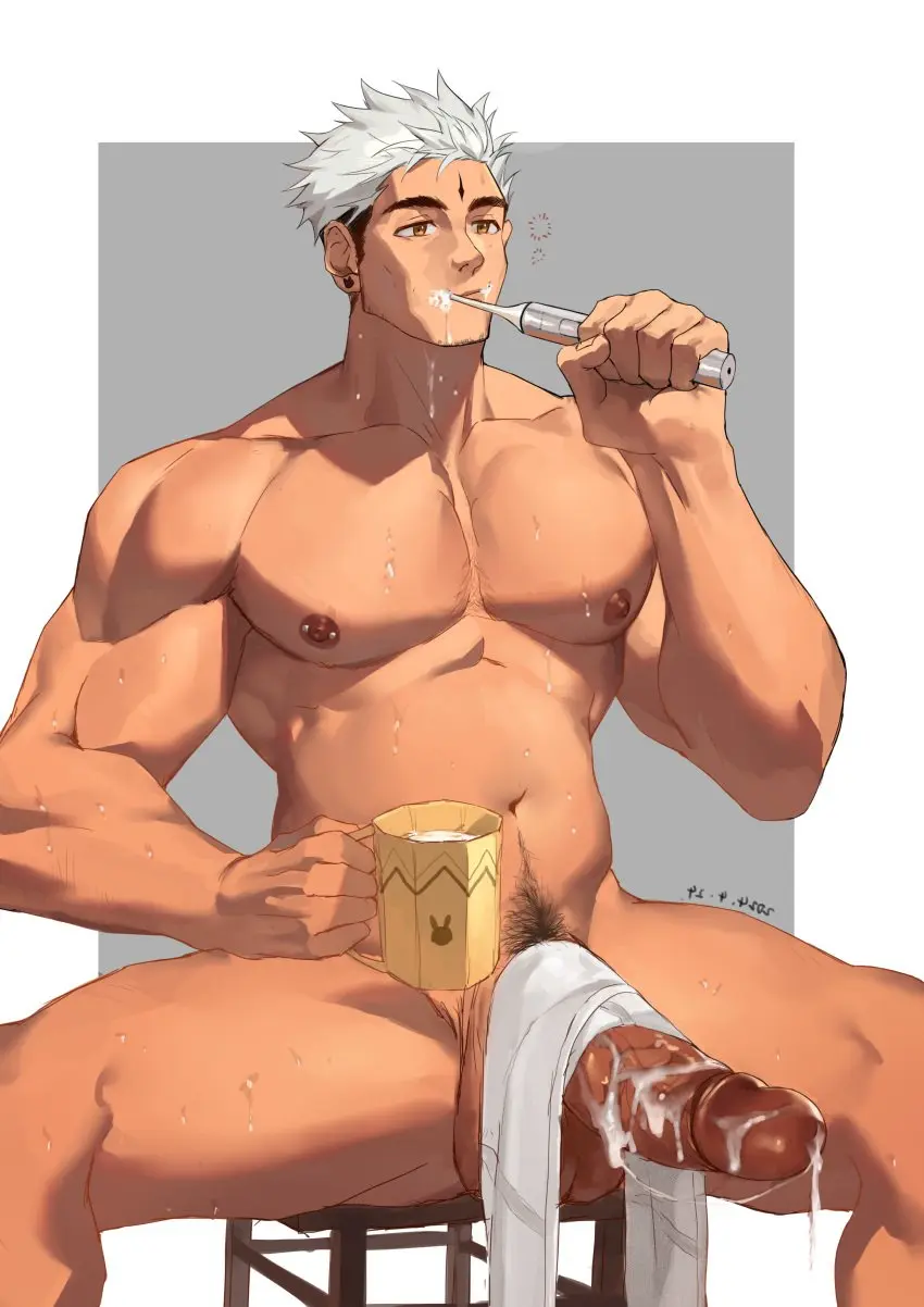 Image highres,human,human_only,nipples,solo,white_hair,1boy,absurdres,cum,male,navel,penis,short_hair,big_penis,thick_thighs,thighs,uncensored,erection,multicolored_hair,muscular,muscular_male,male_only,yaoi,huge_cock,piercing,spread_legs,sitting,original,wet,gay,bara,thick_eyebrows,two-tone_hair,stomach,male_focus,nipple_piercing,pectorals,gay_male,large_pectorals,cum_on_penis,mature_male,cup,brushing_teeth,girthy_penis,tsurime,mug,towel_on_penis,wan_ma_(wanma222)