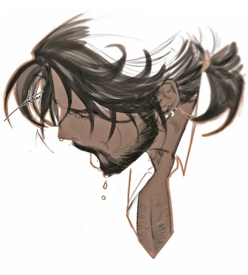 Image highres,long_hair,solo,1boy,absurdres,male,earrings,dark-skinned_male,dark_skin,male_only,eyelashes,censored,closed_eyes,artist_signature,pectorals,low_ponytail,beard,facial_hair,full_beard,mature_male,sparse_chest_hair,pectoral_cleavage,reverse:1999,indian,melanin,indian_male,blank_censor,blending,cropped_shoulders,duckkckk,shamane_(reverse:_1999)