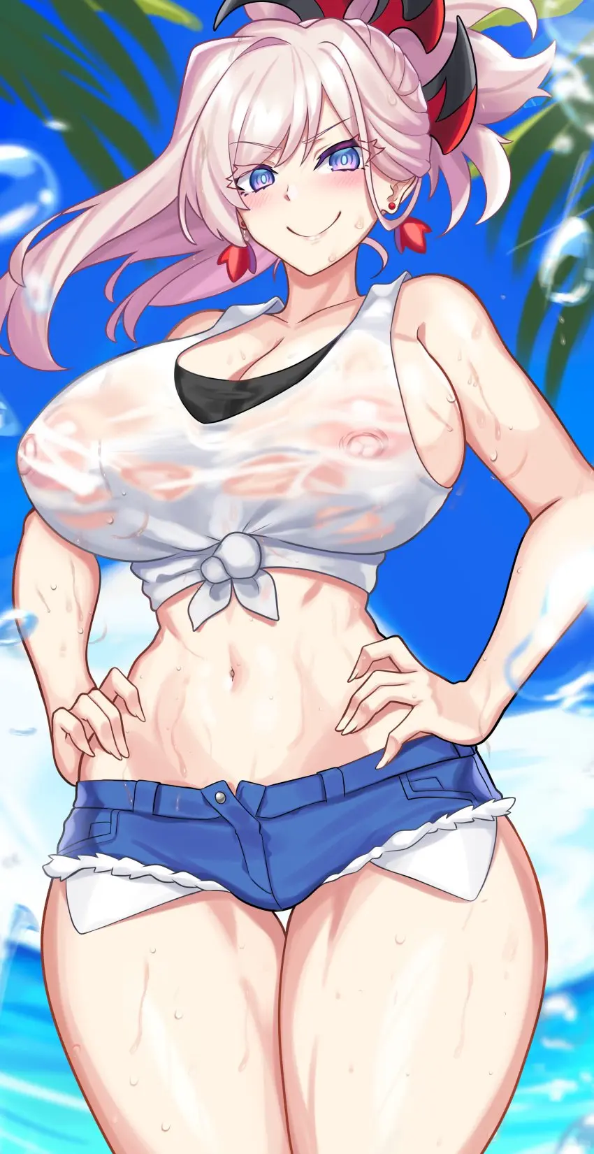 Image breasts,cowboy_shot,female,hair_ornament,highres,large_breasts,long_hair,looking_at_viewer,nipples,shirt,smile,solo,standing,absurdres,blue_eyes,navel,earrings,ponytail,beach,cleavage,covered_nipples,jewelry,midriff,sideboob,pink_hair,wet,see-through,alternate_costume,stomach,asymmetrical_hair,shorts,tank_top,fate_(series),wet_clothes,short_shorts,fate/grand_order,white_tank_top,tied_shirt,sideless_shirt,miyamoto_musashi_(fate),nez-box