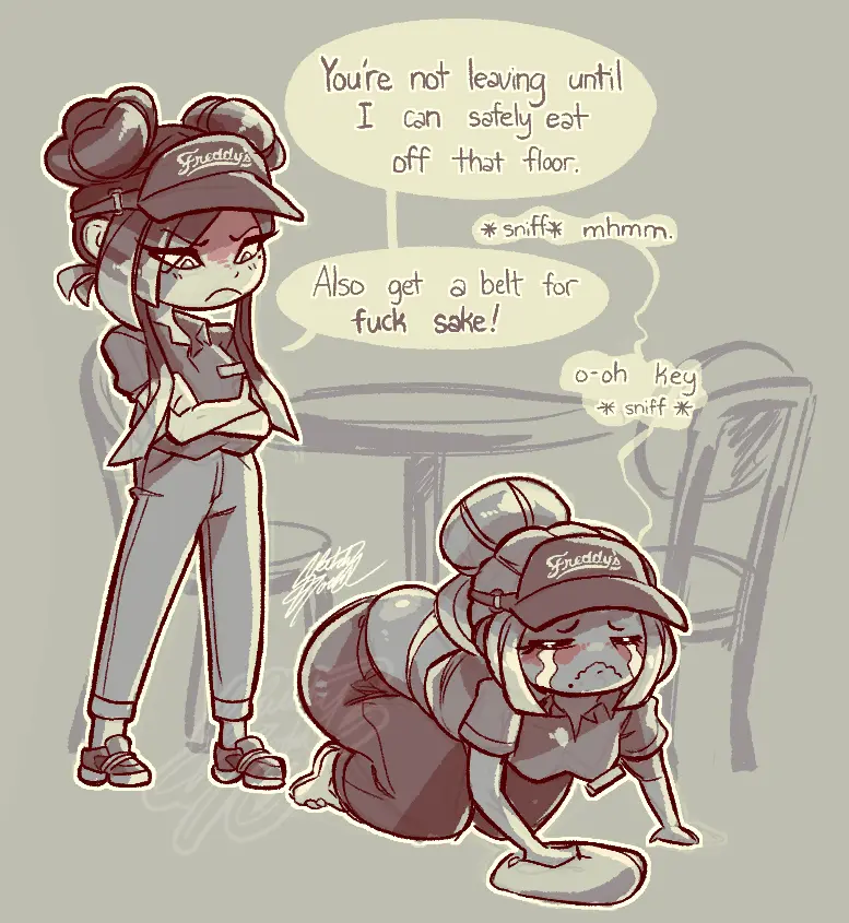 Image female,2girls,big_butt,fat_ass,crying,thong,full_body,fully_clothed,work_clothes,on_the_floor,sketchytodd