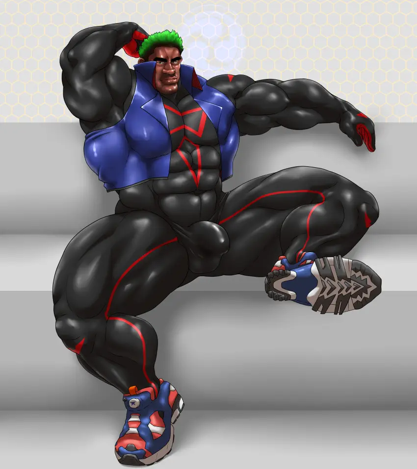Image solo,male,penis,muscular,male_only,yaoi,balls,spread_legs,sitting,bara,bulge,flaccid,solo_male,muscles,costume,flexing,hitenmaru