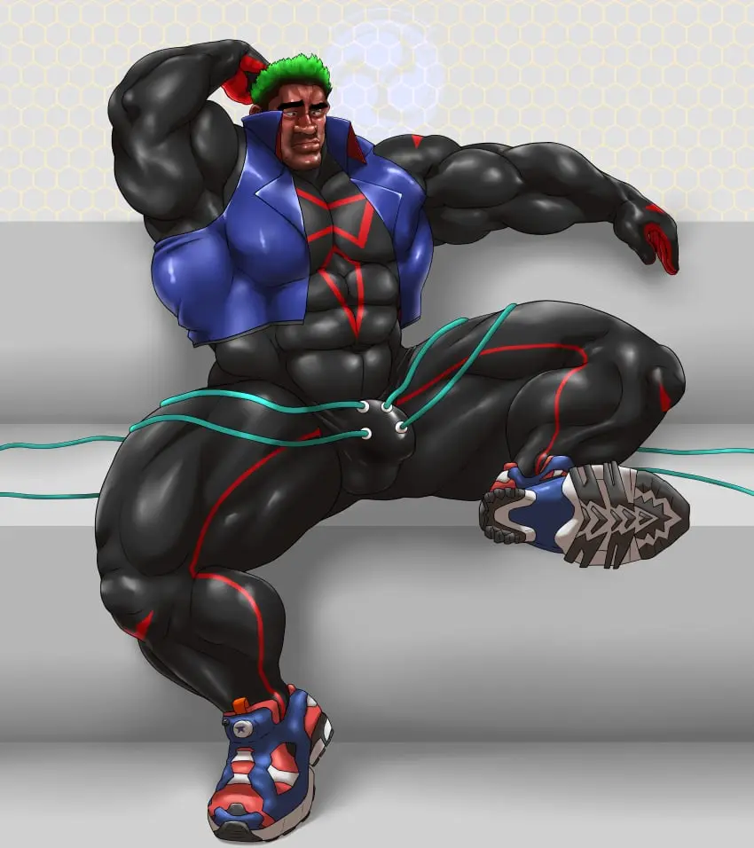 Image solo,male,penis,muscular,male_only,yaoi,balls,spread_legs,sitting,bara,bulge,flaccid,solo_male,muscles,costume,flexing,hitenmaru