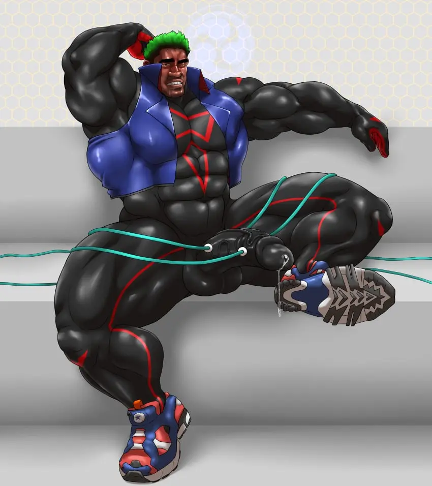 Image solo,male,penis,erection,muscular,male_only,yaoi,balls,spread_legs,sitting,bara,erection_under_clothes,solo_male,boner,muscles,costume,flexing,hitenmaru