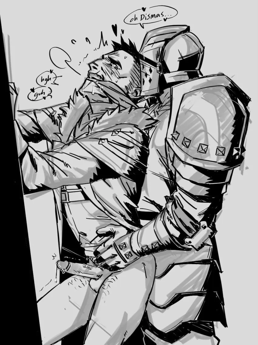 Image blush,clothed,highres,standing,male,penis,short_hair,sex,erection,2boys,anal,male_only,yaoi,side_view,couple,gay,bara,monochrome,multiple_boys,thick_eyebrows,sex_from_behind,bottomless,heart,english_text,2024,sketch,standing_sex,male_focus,beard,clothed_sex,armor,gagged,gauntlets,facial_hair,full_beard,helmet,clothed_male,greyscale,mature_male,knight,pauldrons,shoulder_pads,cloth_gag,obscured_face,shoulder_armor,sparse_leg_hair,helmet_with_visor,connected_beard,darkest_dungeon,highwayman_(darkest_dungeon),crusader_(darkest_dungeon),gothic_artstyle,shoulder_pad,daekiyu,hip_armor,lizzyoli-ravioli