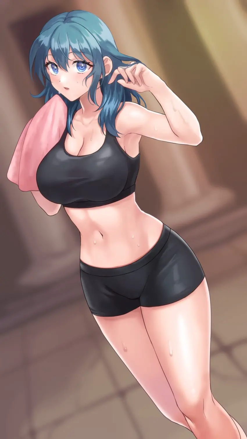 Image 1girls,breasts,female,female_only,highres,large_breasts,long_hair,looking_at_viewer,solo,standing,absurdres,blue_eyes,blue_hair,navel,thighs,sports_bra,bare_shoulders,cleavage,midriff,parted_lips,nintendo,tight_clothing,feet_out_of_frame,stomach,black_shorts,shorts,fire_emblem,fire_emblem:_three_houses,towel,byleth_(fire_emblem),fully_clothed,blurry,blurry_background,crop_top,hands_up,short_shorts,byleth_(fire_emblem)_(female),hazuki_(nyorosuke)