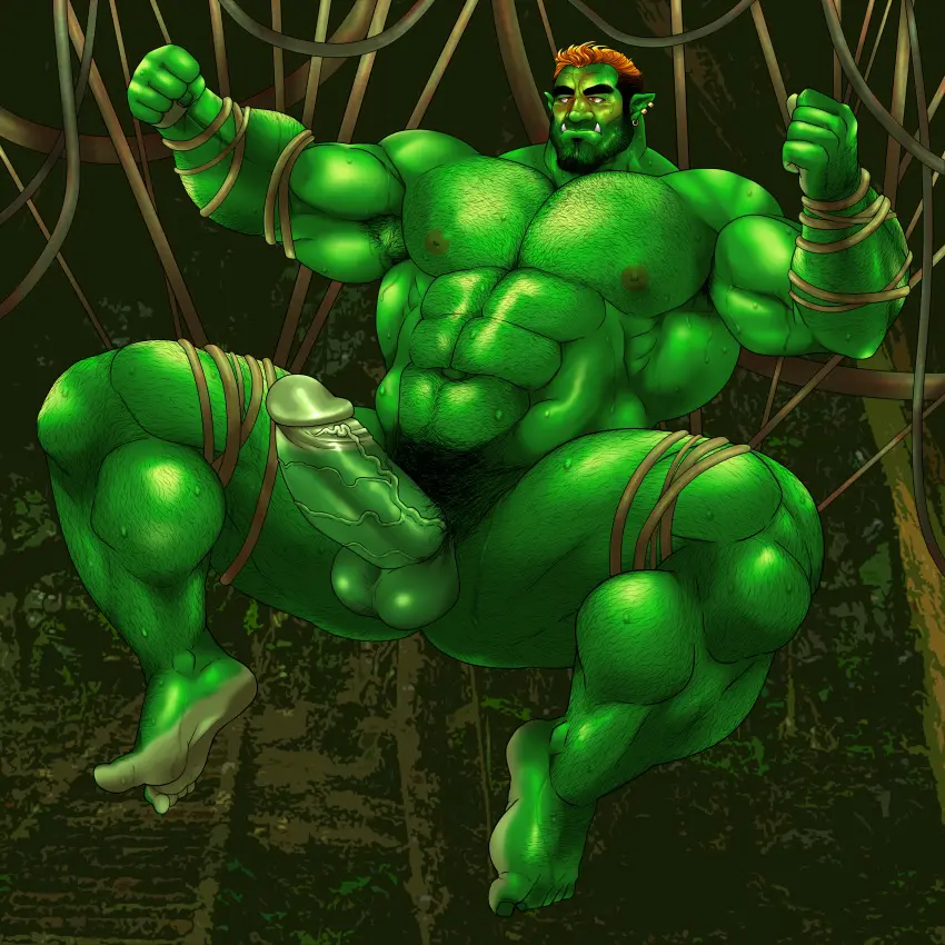 Image solo,male,nude,penis,sweat,big_penis,erection,muscular,male_only,yaoi,balls,spread_legs,green_skin,bara,tentacle,sweating,green_body,solo_male,abs,boner,beard,orc,muscles,facial_hair,body_hair,vines,plant_tentacle,hitenmaru