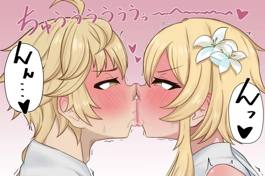 Image female,genshin_impact,aether_(genshin_impact),cute,incest,eye_contact,kissing,mihoyo,french_kiss,brother_and_sister,hoyoverse,lumine_(genshin_impact),twins,making_love,in_love,twincest,blushing_at_another,konami_yotsuba