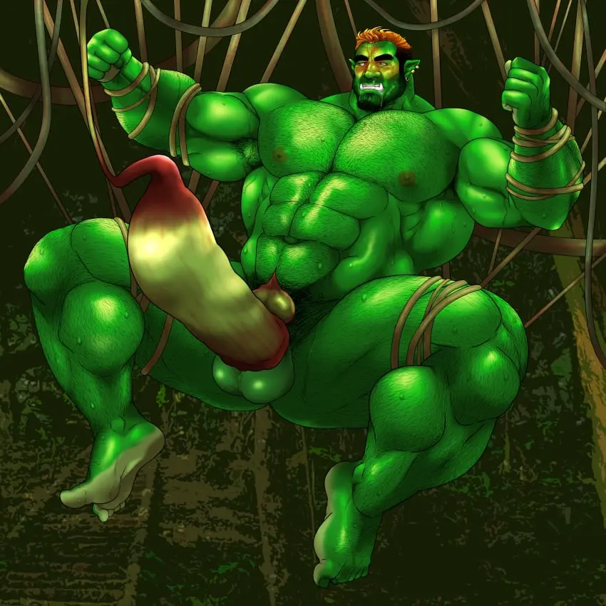 Image solo,male,nude,penis,sweat,big_penis,erection,muscular,male_only,yaoi,balls,spread_legs,green_skin,bara,tentacle,sweating,green_body,solo_male,abs,boner,beard,orc,muscles,facial_hair,body_hair,milking,vines,plant_tentacle,hitenmaru