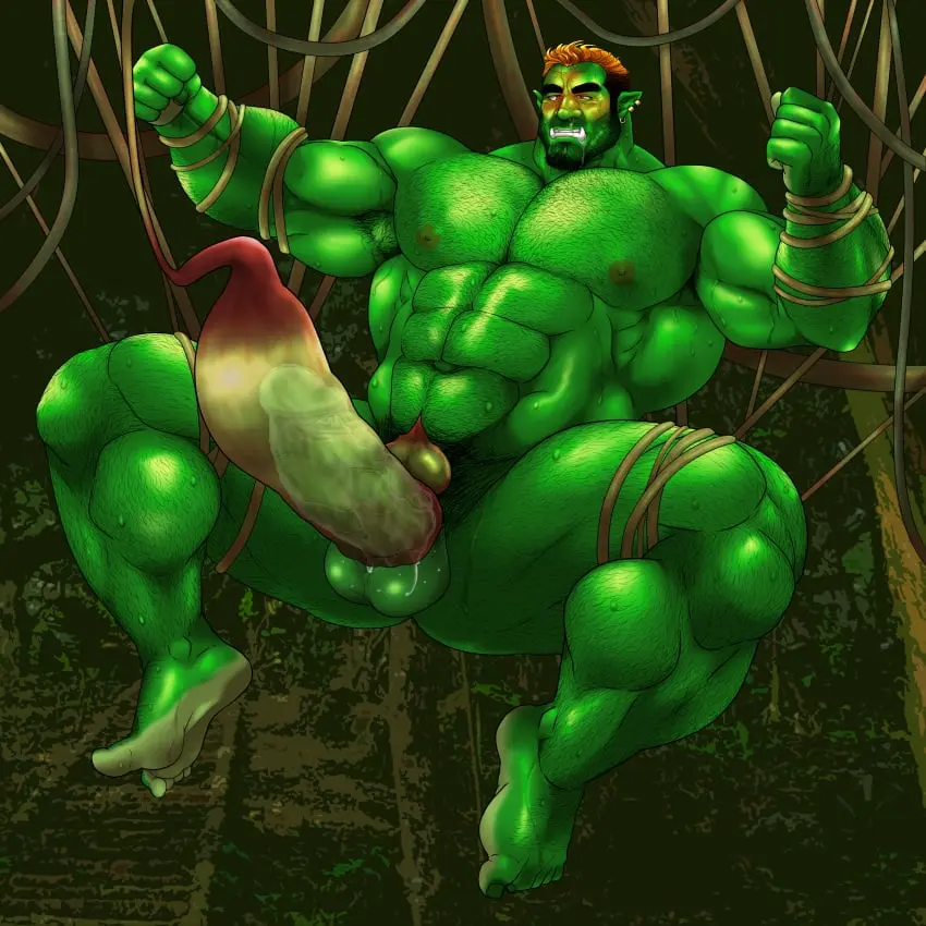 Image solo,male,nude,penis,sweat,big_penis,erection,muscular,male_only,yaoi,balls,spread_legs,green_skin,bara,tentacle,sweating,green_body,solo_male,abs,boner,beard,orc,muscles,facial_hair,body_hair,milking,vines,plant_tentacle,hitenmaru