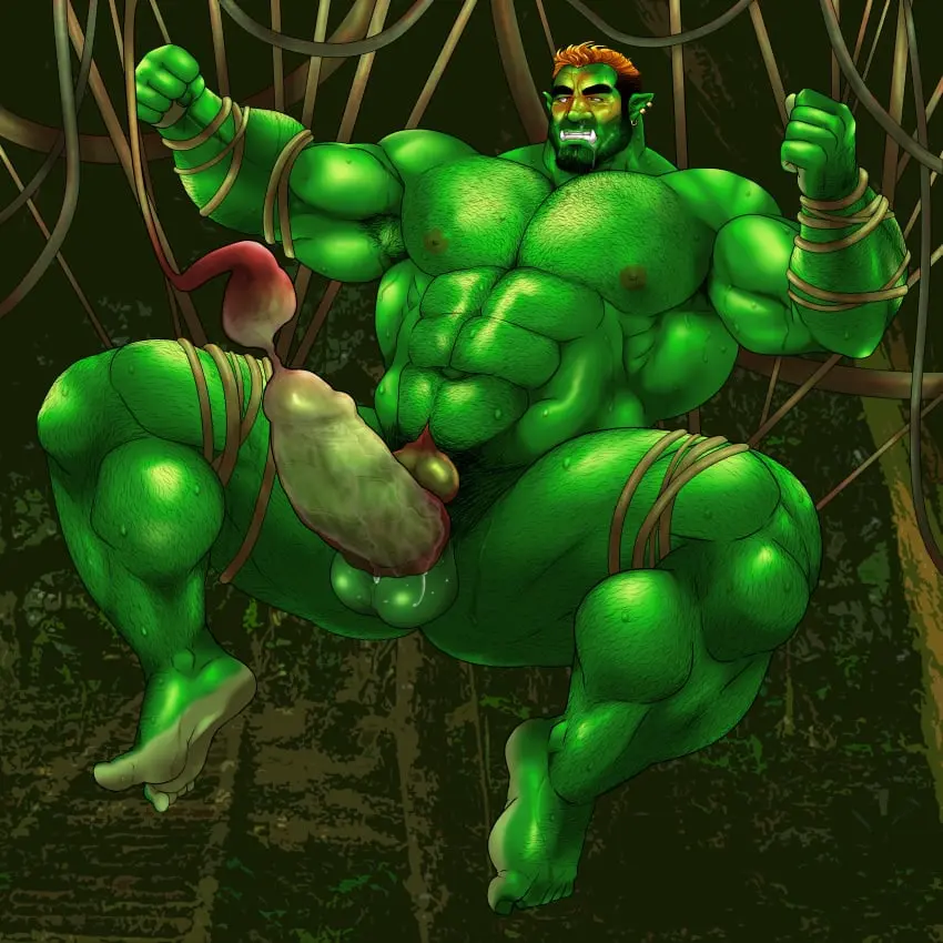 Image solo,cum,male,nude,penis,sweat,big_penis,erection,muscular,male_only,yaoi,balls,spread_legs,green_skin,bara,orgasm,tentacle,sweating,green_body,solo_male,abs,boner,beard,orc,muscles,facial_hair,body_hair,milking,vines,plant_tentacle,hitenmaru