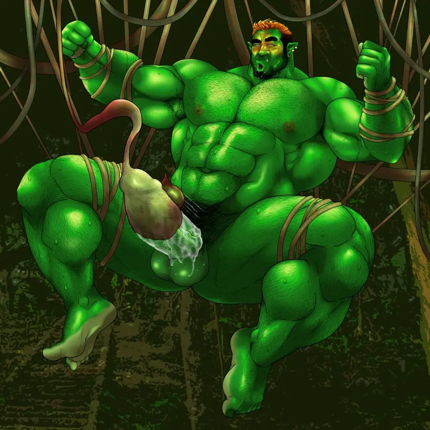 Image solo,cum,male,nude,penis,sweat,big_penis,erection,muscular,male_only,yaoi,balls,spread_legs,green_skin,bara,tentacle,sweating,green_body,solo_male,abs,boner,beard,orc,muscles,facial_hair,body_hair,milking,vines,plant_tentacle,hitenmaru