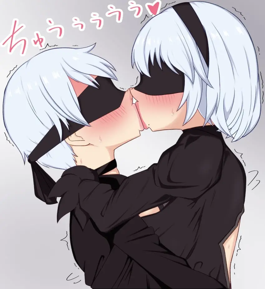 Image blush,female,male,kissing,blindfold,nier:_automata,yorha_2b,french_kissing,making_out,yorha_9s,blindfolded_female,blindfolded_male,blushing_at_another,konami_yotsuba