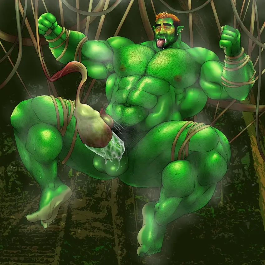 Image solo,cum,male,nude,penis,sweat,big_penis,erection,muscular,male_only,yaoi,balls,spread_legs,green_skin,bara,tentacle,sweating,green_body,solo_male,abs,boner,beard,orc,muscles,facial_hair,body_hair,musk,milking,vines,plant_tentacle,hitenmaru