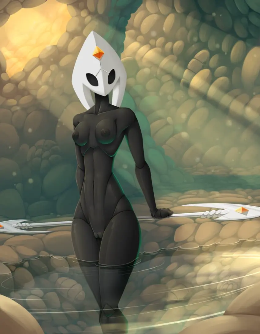 Image breasts,female,hi_res,nipples,solo,standing,pussy,small_breasts,thick_thighs,water,belly,digital_media_(artwork),gem,shaded,cave,genitals,holding_object,arthropod,black_body,black_eyes,hollow_knight,horn,team_cherry,detailed,5_fingers,fingers,holding_weapon,weapon,detailed_background,partially_submerged,sunlight,light,black_legs,black_hands,black_nipples,forehead_gem,lighting,black_pussy,2_horns,light_beam,black_arms,sunbeam,black_breasts,black_neck,latiar,clear_water,valleda_(latiar)
