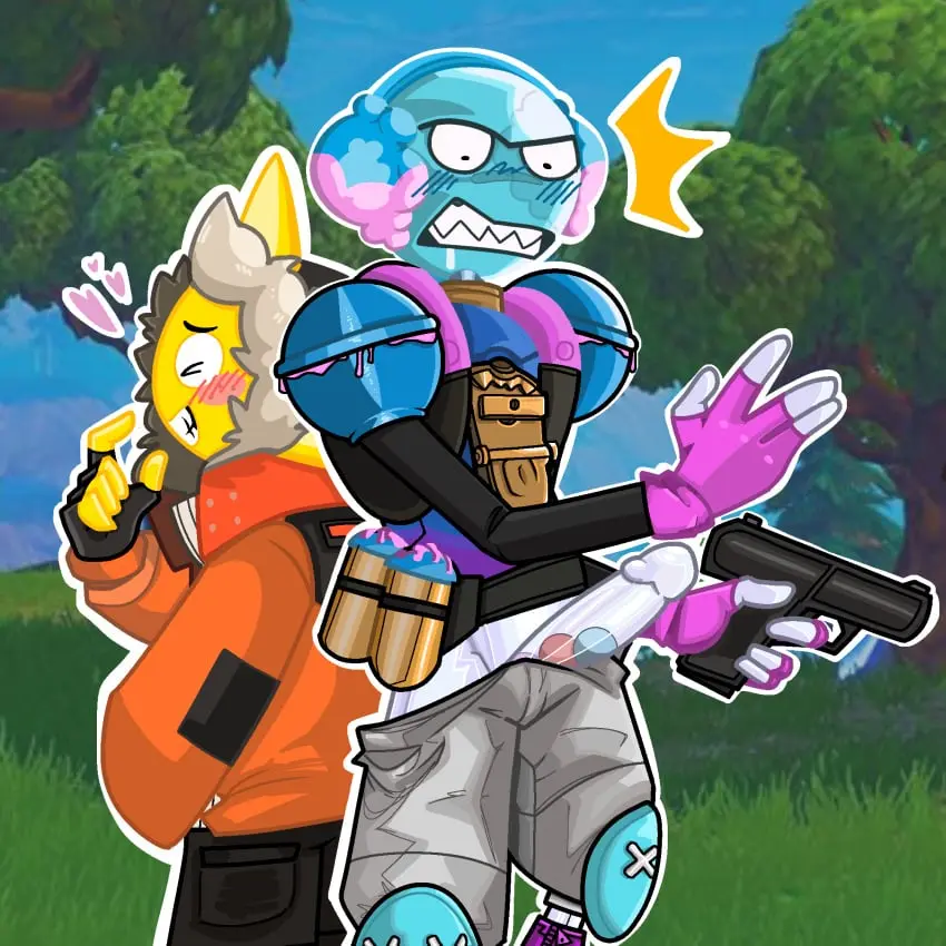 Image male,male_only,fortnite,heart,surprised,non-human,fully_clothed,giggling,sunspot_(fortnite),glass_penis,gumbo_(fortnite)