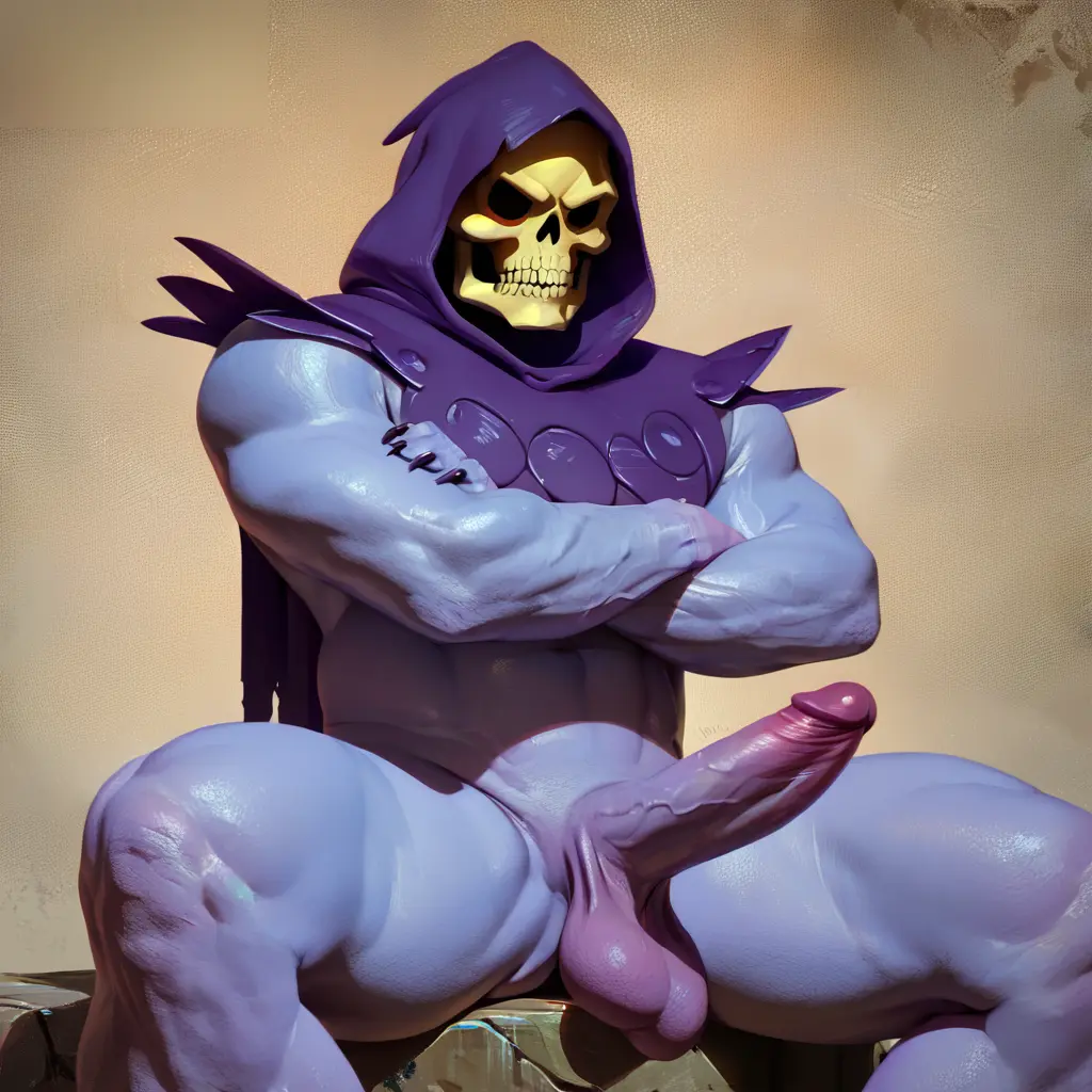 Image solo,male,penis,ai_generated,male_only,balls,stable_diffusion,sitting,purple_body,hood,skull_head,masters_of_the_universe,skeletor