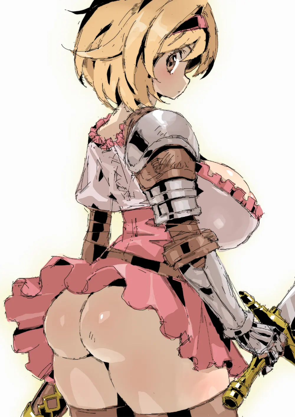 Image 1girls,breasts,brown_eyes,clothing,female,female_only,highres,looking_at_viewer,shirt,simple_background,solo,standing,white_background,short_hair,thighhighs,ass,big_ass,looking_back,thick_thighs,thighs,cleavage,hairband,huge_breasts,blonde_hair,skindentation,miniskirt,skirt,no_panties,white_shirt,2024,holding_weapon,weapon,armor,gauntlets,sword,granblue_fantasy,holding_sword,frills,pink_skirt,frilled_skirt,shoulder_pads,djeeta_(granblue_fantasy),petitdry,pink_hairband,frilled_shirt