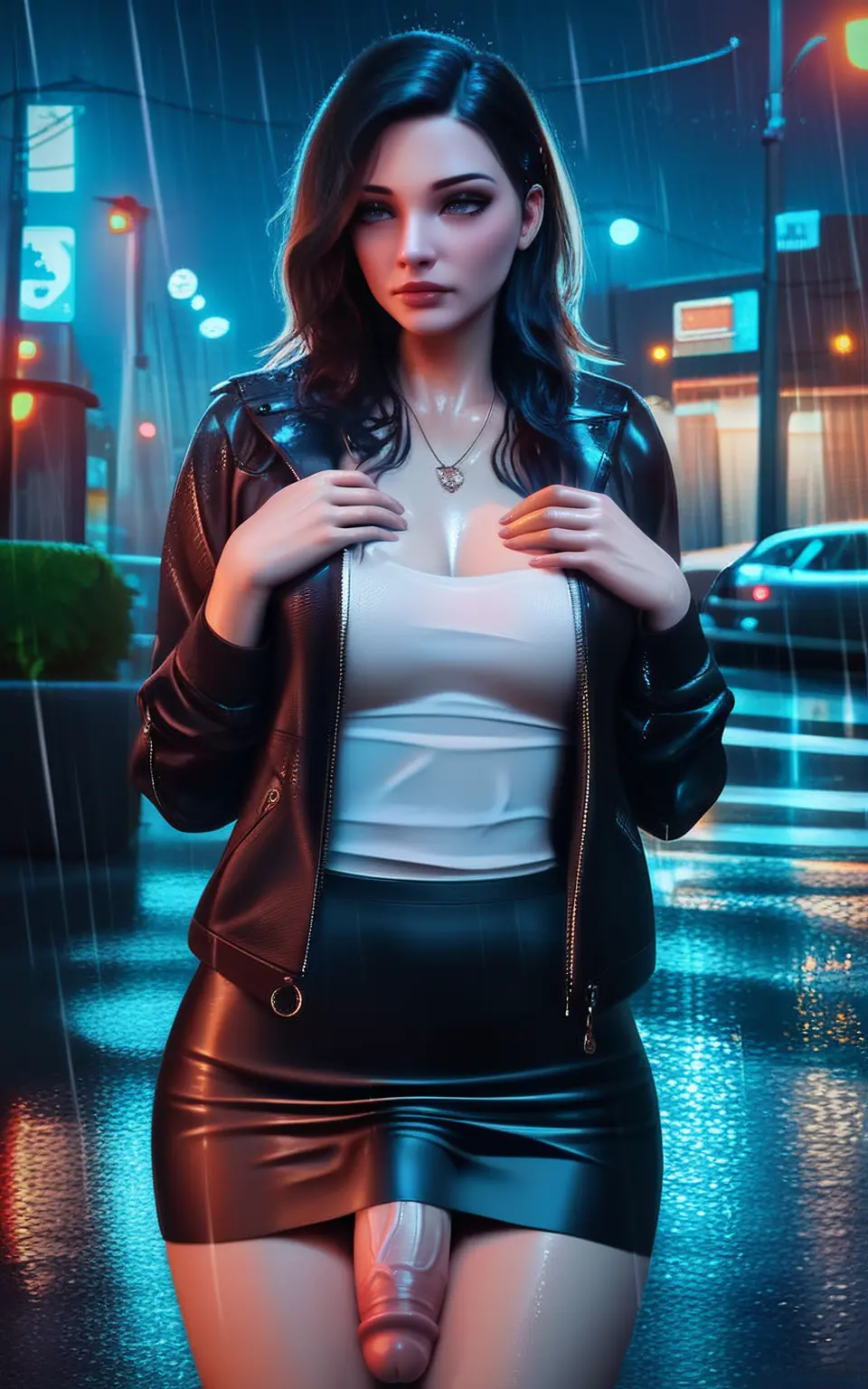 Image long_hair,solo,standing,black_hair,penis,1futa,futanari,intersex,ai_generated,stable_diffusion,wet,necklace,outdoors,night,flaccid,flaccid_penis,large_penis,sad,leather_jacket,short_skirt,raining,esendor