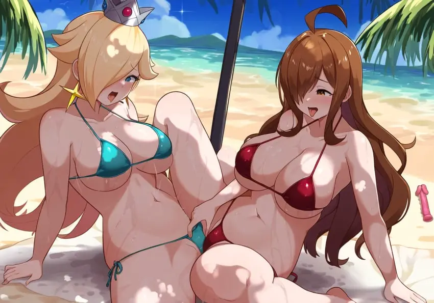 Image female,female_only,2girls,ai_generated,tagme,blonde_hair,stable_diffusion,swimsuit,nai_diffusion,brown_hair,mario_(series),nintendo,outdoors,yuri,outside,crossover,kono_subarashii_sekai_ni_shukufuku_wo!,wiz_(konosuba),super_mario_galaxy,princess_rosalina