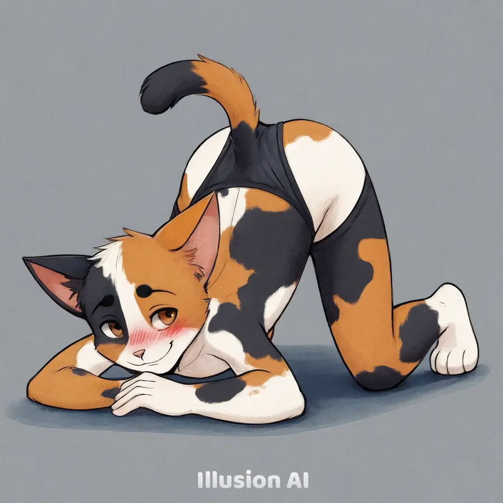 Image brown_eyes,male,ai_generated,femboy,original_character,paws,blushing_at_viewer,feline,oc,ass_up,black_underwear,blushing,feline_humanoid,on_floor,on_all_fours,catboy,calico_cat,illusion_ai,alice_(fan_character)