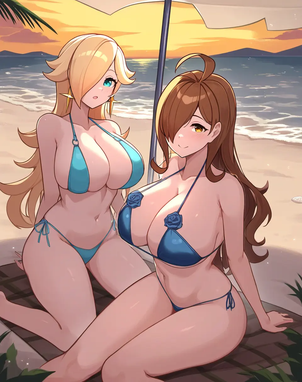 Image blush, breasts, female, female_only, large_breasts, long_hair, looking_at_viewer, open_mouth, smile, 2girls, blue_eyes, navel, bikini, earrings, thick_thighs, thighs, voluptuous, hair_over_one_eye, kneeling, beach, smiling_at_viewer, ocean, sky, ai_generated, cleavage, collarbone, jewelry, huge_breasts, tagme, blonde_hair, stable_diffusion, swimsuit, nai_diffusion, brown_hair, ahoge, mario_(series), nintendo, outdoors, sand, blue_bikini, outside, crossover, kono_subarashii_sekai_ni_shukufuku_wo!, clavicle, sea, closed_smile, seaside, wiz_(konosuba), super_mario_galaxy, princess_rosalina, side-tie_bikini_bottom
