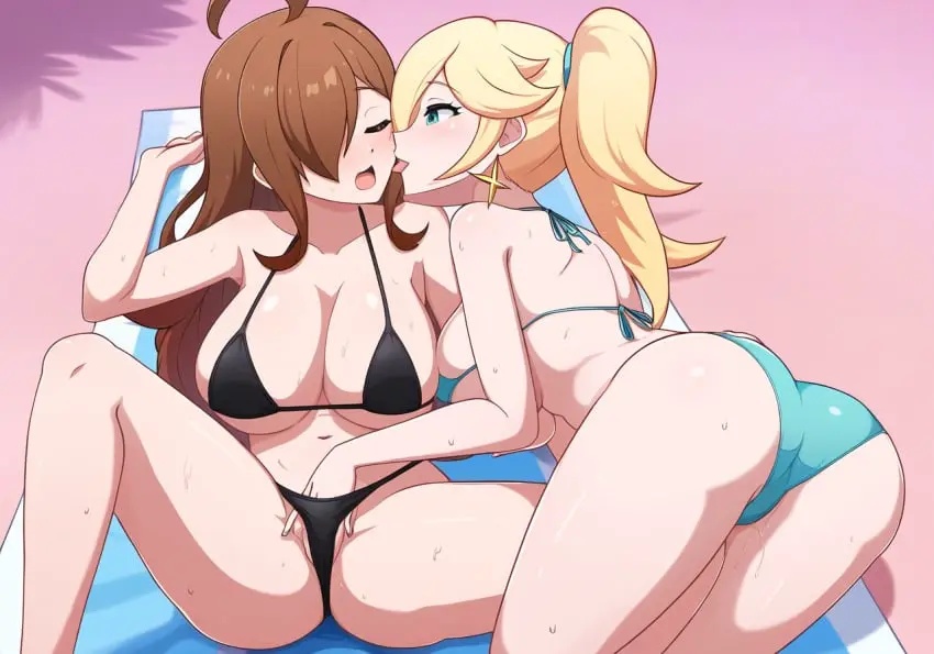 Image blush,breasts,female,female_only,large_breasts,long_hair,open_mouth,2girls,licking,bikini,ass,earrings,thick_thighs,thighs,hair_over_one_eye,ai_generated,tagme,blonde_hair,stable_diffusion,swimsuit,tied_hair,nai_diffusion,brown_hair,closed_eyes,ahoge,mario_(series),nintendo,outdoors,yuri,fingering,fingering_through_clothes,black_bikini,outside,crossover,kono_subarashii_sekai_ni_shukufuku_wo!,wiz_(konosuba),super_mario_galaxy,princess_rosalina