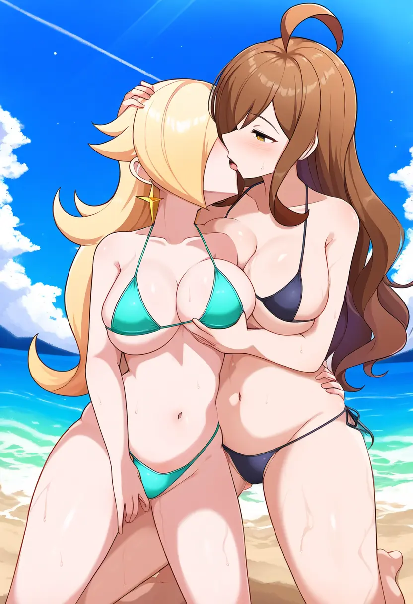 Image female,female_only,2girls,ai_generated,tagme,blonde_hair,stable_diffusion,swimsuit,nai_diffusion,brown_hair,mario_(series),nintendo,outdoors,yuri,outside,lesbian,crossover,kono_subarashii_sekai_ni_shukufuku_wo!,wiz_(konosuba),super_mario_galaxy,princess_rosalina