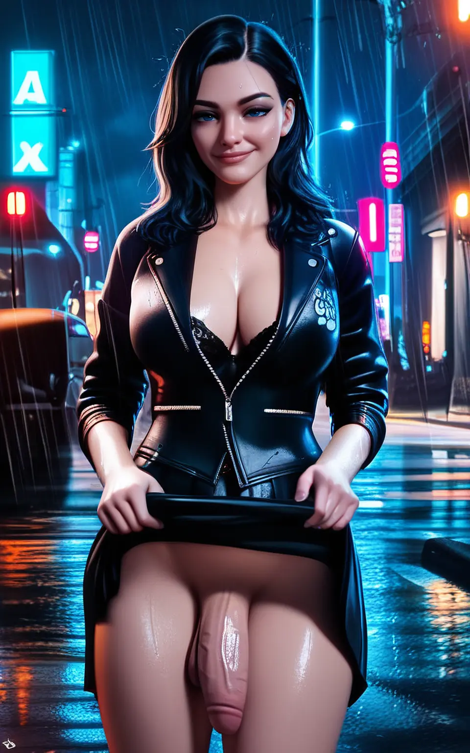 Image long_hair,solo,standing,black_hair,penis,1futa,futanari,intersex,smiling,ai_generated,cleavage,stable_diffusion,wet,necklace,outdoors,night,flaccid,flaccid_penis,large_penis,smirking,leather_jacket,short_skirt,raining,esendor