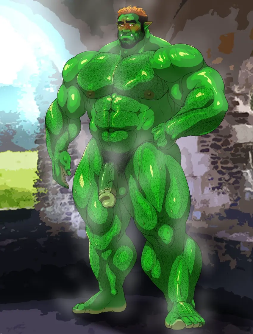 Image blush,solo,male,nude,penis,sweat,muscular,male_only,yaoi,balls,green_skin,bara,flaccid,sweating,green_body,solo_male,beard,orc,muscles,facial_hair,body_hair,musk,hitenmaru