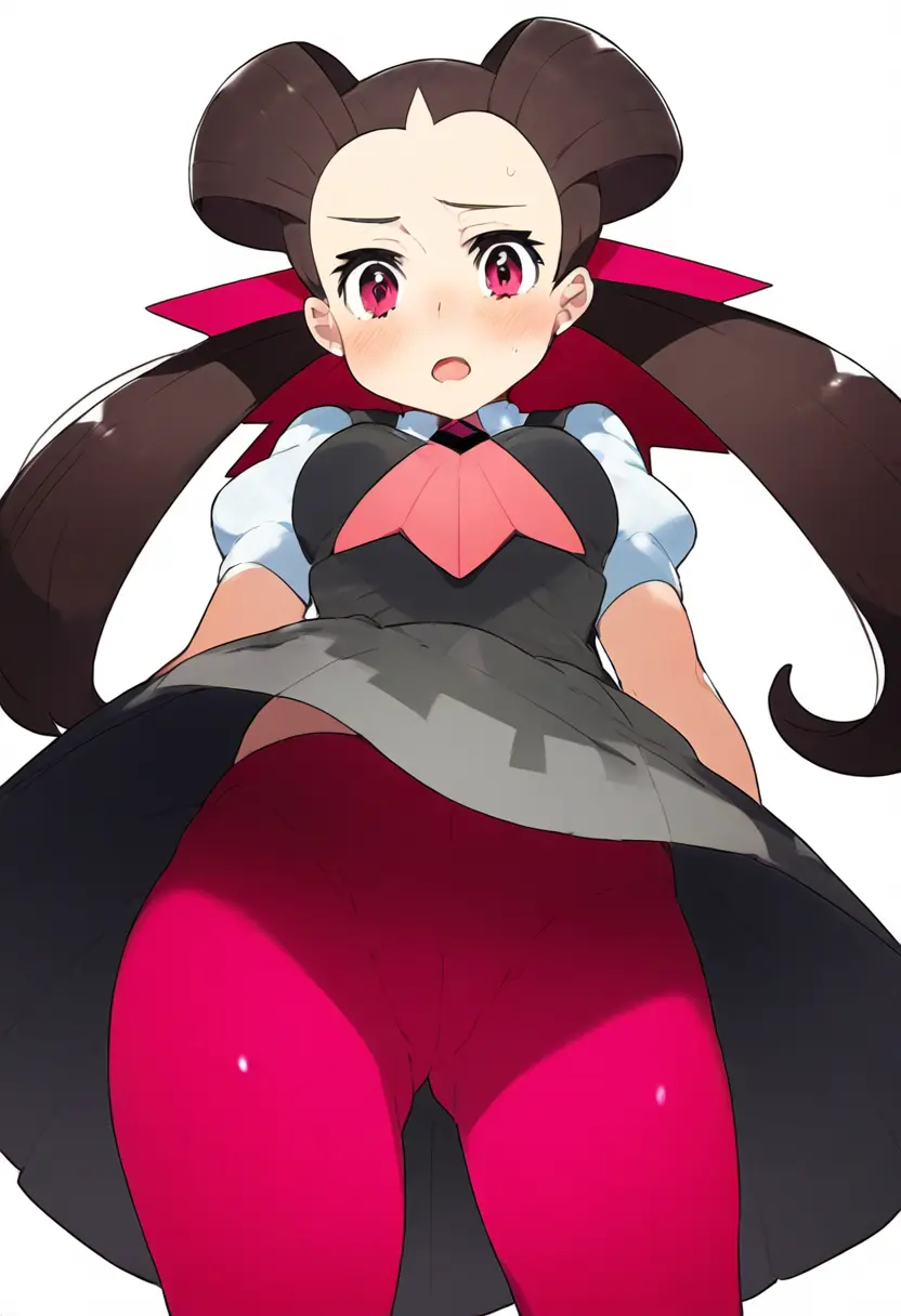 Image 1girls,blush,bow,breasts,cowboy_shot,female,hairbow,long_hair,looking_at_viewer,open_mouth,red_eyes,shirt,simple_background,solo,standing,white_background,pokemon,embarrassed,ai_generated,ass_visible_through_thighs,medium_breasts,pink_eyes,dress,hair_ribbon,looking_down,brown_hair,nintendo,self_upload,cameltoe,twintails,short_sleeves,ribbon,white_shirt,:o,from_below,pantyhose,novelai,pokemon_oras,puffy_sleeves,upskirt,forehead,grey_dress,hair_rings,red_pantyhose,puffy_short_sleeves,ascot,hair_pulled_back,roxanne_(pokemon),pink_ascot