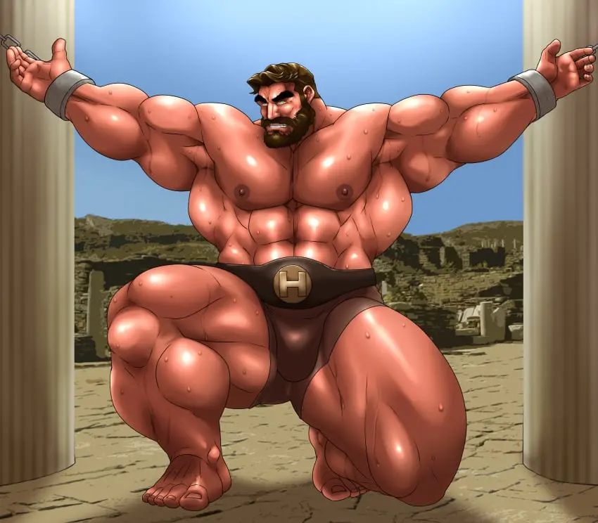 Image solo,male,penis,sweat,muscular,armpits,male_only,yaoi,balls,mythology,greek_mythology,bara,bulge,flaccid,sweating,solo_male,beard,muscles,facial_hair,armpit,on_one_knee,hitenmaru,hercules