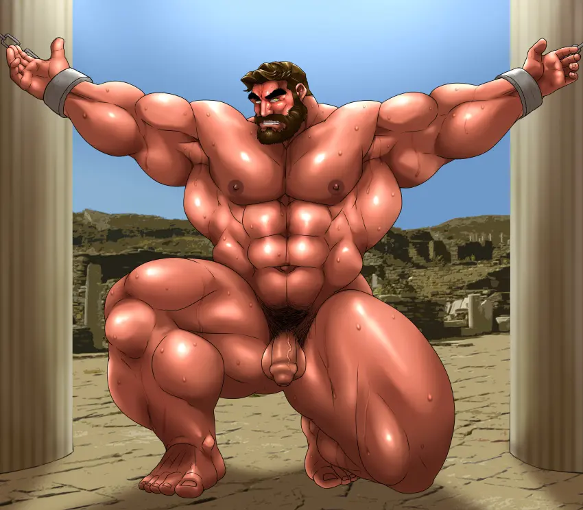 Image solo,male,nude,penis,sweat,muscular,armpits,male_only,yaoi,balls,mythology,greek_mythology,bara,flaccid,sweating,solo_male,beard,muscles,facial_hair,armpit,on_one_knee,hitenmaru,hercules