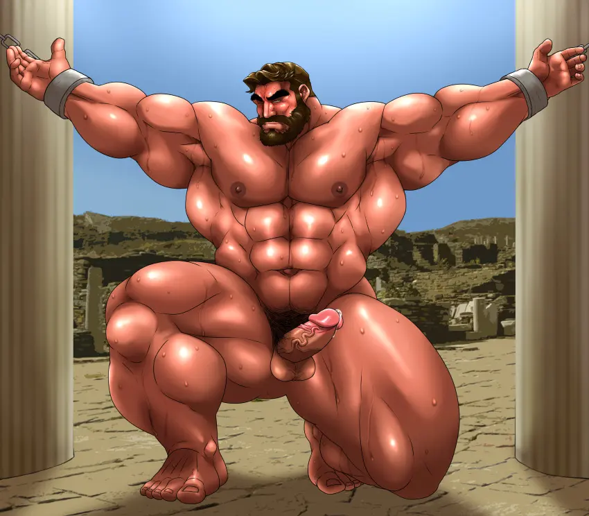 Image solo,male,nude,penis,sweat,erection,muscular,armpits,male_only,yaoi,balls,mythology,greek_mythology,bara,sweating,solo_male,boner,beard,muscles,facial_hair,armpit,on_one_knee,hitenmaru,hercules