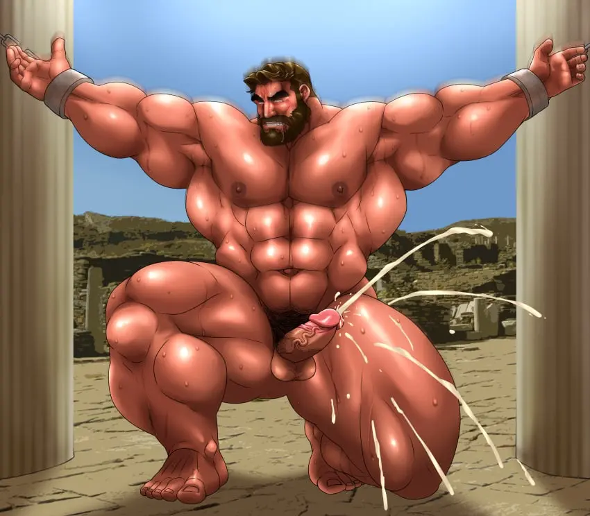 Image solo,1boy,cum,male,nude,penis,sweat,erection,muscular,muscular_male,armpits,male_only,yaoi,balls,mythology,ejaculation,handsfree_ejaculation,greek_mythology,bara,orgasm,sweating,solo_male,boner,beard,muscles,facial_hair,armpit,swinging_penis,on_one_knee,hitenmaru,muscular_male_only,hercules