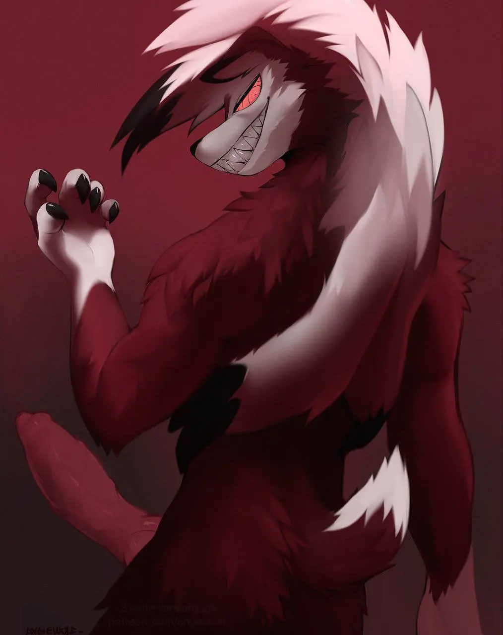 Image hi_res,simple_background,solo,male,penis,pokemon,pokemon_(species),tail,big_penis,looking_back,anthro,nintendo,canid,canine,canis,fur,genitals,mammal,rear_view,5_fingers,white_body,fingers,animal_genitalia,animal_penis,canine_genitalia,canine_penis,white_fur,red_body,red_fur,generation_7_pokemon,lycanroc,angiewolf,midnight_lycanroc