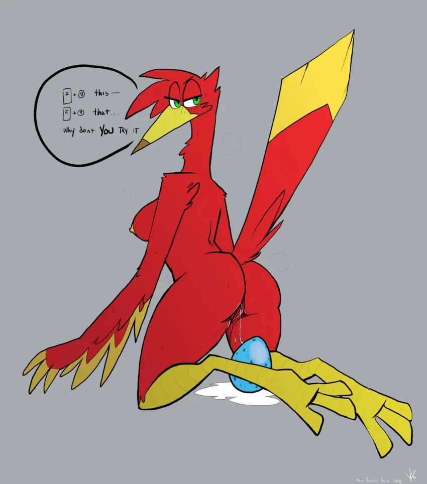 Image 1girls,breasts,female,female_only,hi_res,nipples,solo,pussy,tail,ass,thick_thighs,anthro,presenting,genital_fluids,bodily_fluids,genitals,presenting_hindquarters,avian,beak,raised_tail,vaginal_fluids,egg,egg_laying,banjo-kazooie,kazooie,rareware,breegull,topazknight