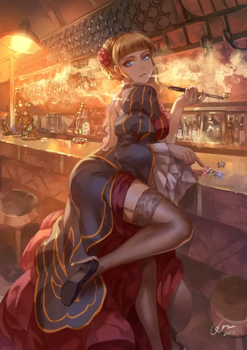 Image 1girls,female,blue_eyes,thighs,flower_in_hair,blonde_hair,sitting,stockings,high_heels,flower,garter_belt,garter_straps,07th_expansion,bar_stool,not_porn,smoking_pipe,beato,beatrice_(umineko),seacats,umineko_no_naku_koro_ni,when_they_cry,poker_chip,pipe